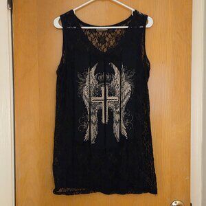 Bus Stop By Los Angeles Tank Size L Bedazzled Cross Angel Wings Lace Y2K Goth